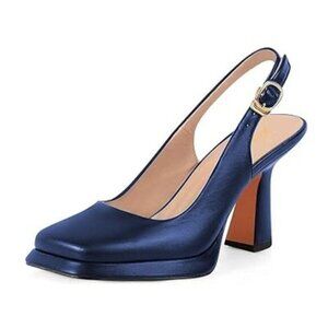 FOWT Blue Women Platform Closed Square Toe Pumps Block High Heels